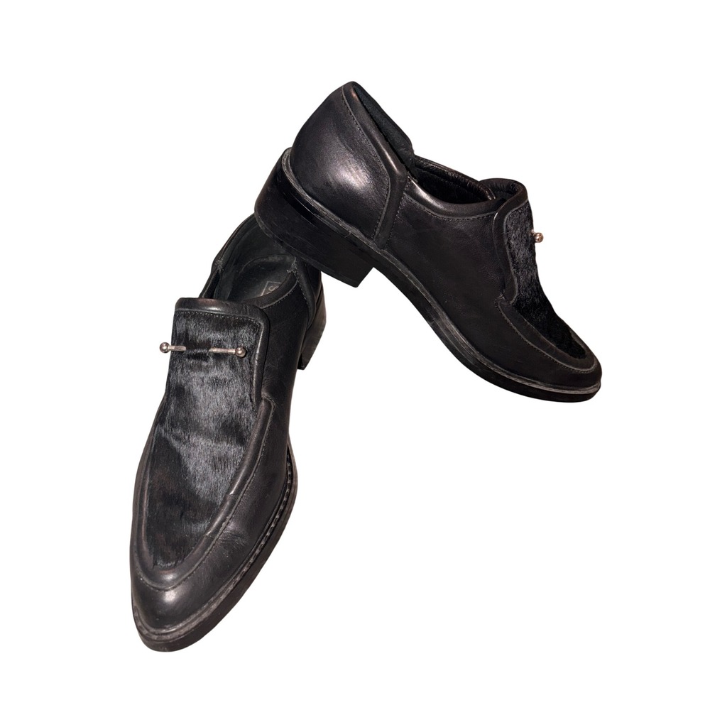 Sol Sana Black Leather Horsehair Moc Toe Loafer Shoes Women's Size 38‎